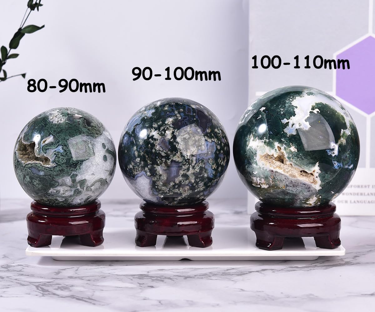 Large Moss Agate Crystal Sphere Natural Healing Crystal Ball with Stand Meditation Decorative Balls Home Decor 100-110mm/3.9-4.3"