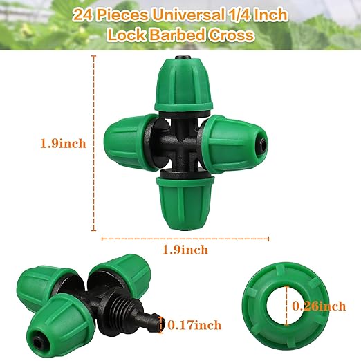 Upgraded 1/4" Drip Irrigation Cross Fittings:Leak Free Lock Barbed 4 Way Tee Connectors for 1/4 Inch Irrigation Tubing Quick Connect Parts for Garden Landscape System (24 Pieces)