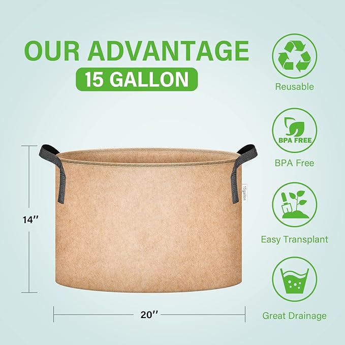 iPower 5-Pack 15 Gallon Plant Grow Bags Thickened Nonwoven Aeration Fabric Pots Heavy Duty Durable Container, Strap Handles for Garden, Tan