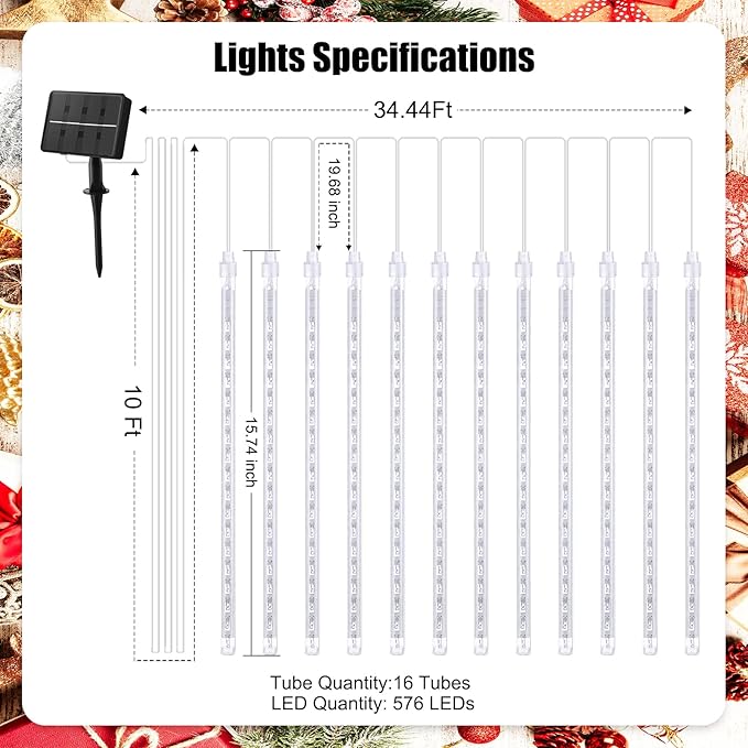 Solar Meteor Shower Lights Outdoor - 576 LED Rain Drop Lights with 16 Tubes, 16 Inches - Solar Powered Christmas Decorations for Tree Bushes Holiday Party Christmas Decor, Warm White