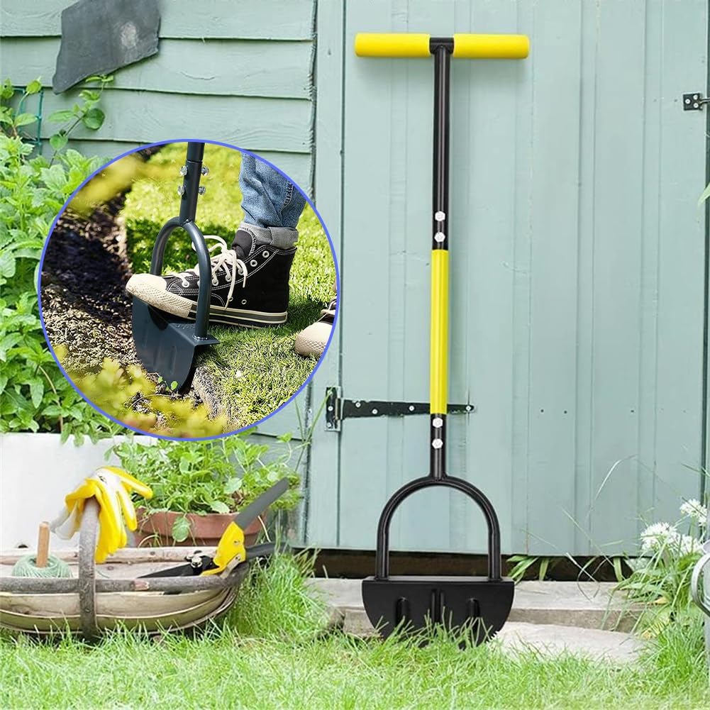 Half Moon Edger Lawn Tool, Manual Step Edger Saw Tooth Garden Hand Edging Shovel with Steel Long Handle for Yard Landscaping Borders Sidewalk Driveways Cable Burying Maintenance Flower Beds Grass