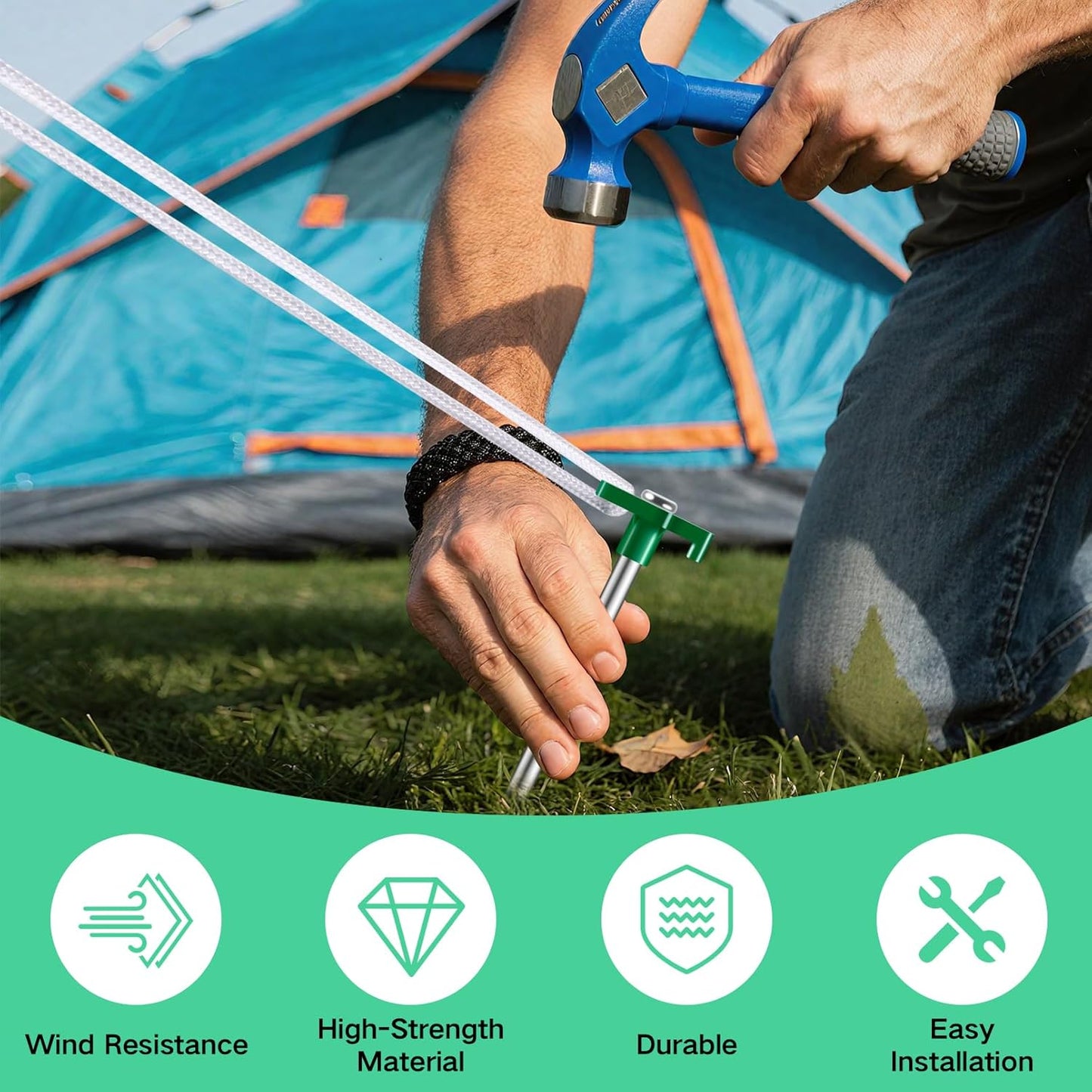 20 Pack Tent Stakes Heavy Duty, 9.84 Inch Rust-Proof Metal Tent Pegs, Ground Stakes Yard Stake for Camping Patio, Garden, Canopy, Grass, Outdoor (Green)