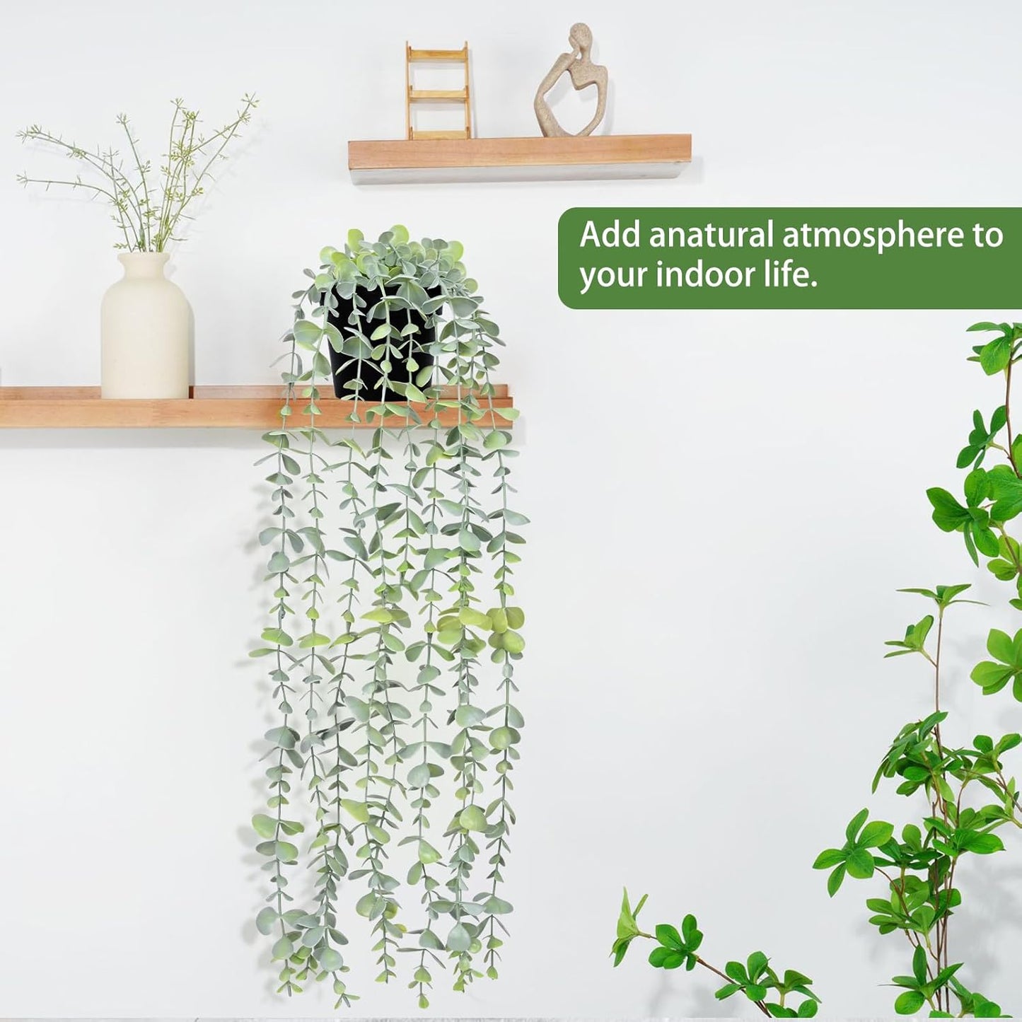 Waipfaru 2Pcs Fake Hanging Plants with Pot Light Green Eucalyptus Leaves UV Resistant Fake Vines Ivy Artificial Plants Outdoor Faux Plants Indoor Bedroom Living Room Boho Wall Porch Shelf Decor