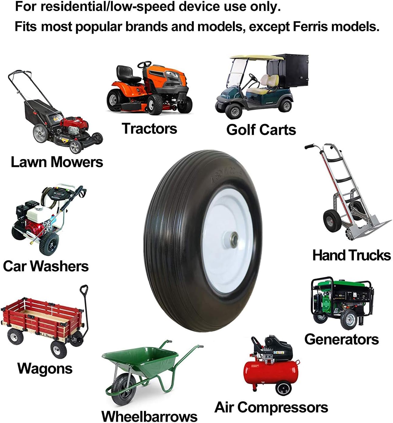 Set of 2 Wheelbarrow Tire 4.80/4.00-8 Flat-Free with 3/4 & 5/8 Wheel Bearing, 3-6" Hub 16" Solid Rubber Wheel Barrel Tires Non-Slip for Yard Cart Garden Wagon (Black)