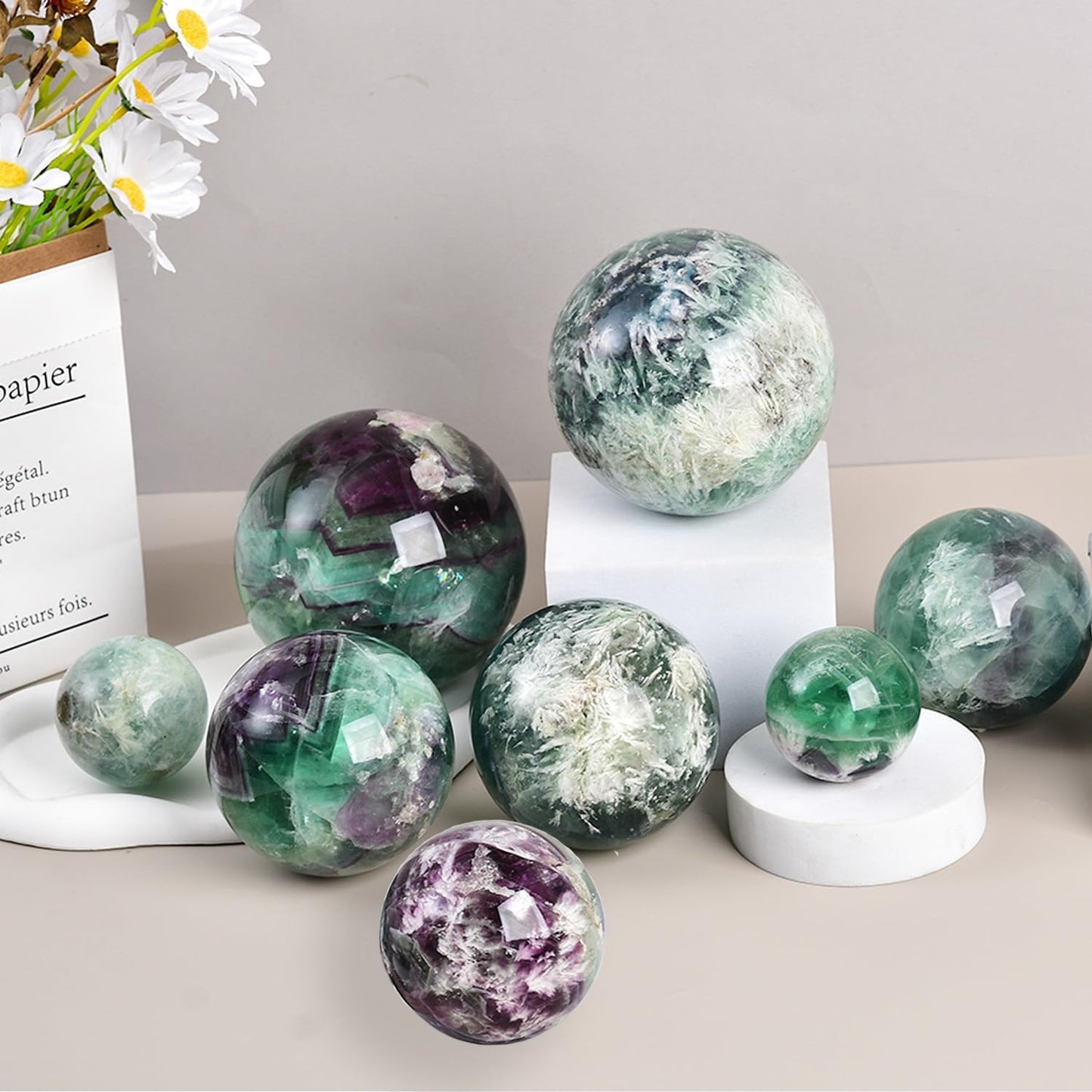 JIC Gem 2.7-3.1 inch(70-80mm) Large Crystal Ball Feather Fluorite Healing Crystals Sphere with Wooden Stand Meditation Home Decor