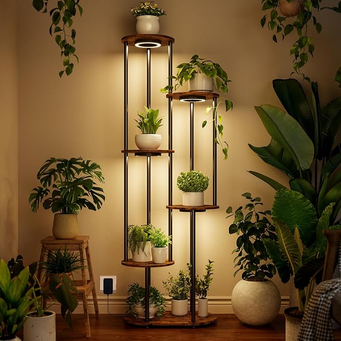Plant Stand Indoor with Grow Light, 50" High Indoor Plant Shelf, 6 Tier Flower Stand with Plant Light Full Spectrum, Metal Plant Holder with Light, Double-Row Discs Plant Rack for Home, Corner