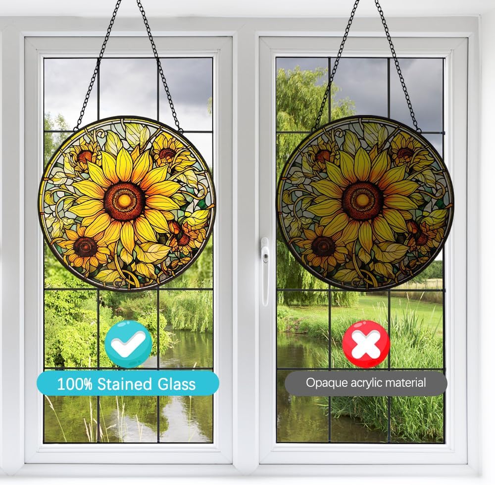 Sunflower Suncatcher Stained Glass Window Hanging Ornaments - 8” Handmade Sun Catchers Indoor Window Outdoor Garden Decor - Wall Art Sun Flower Glass Panel with Hooks - Sunflower Gifts for Women Mom