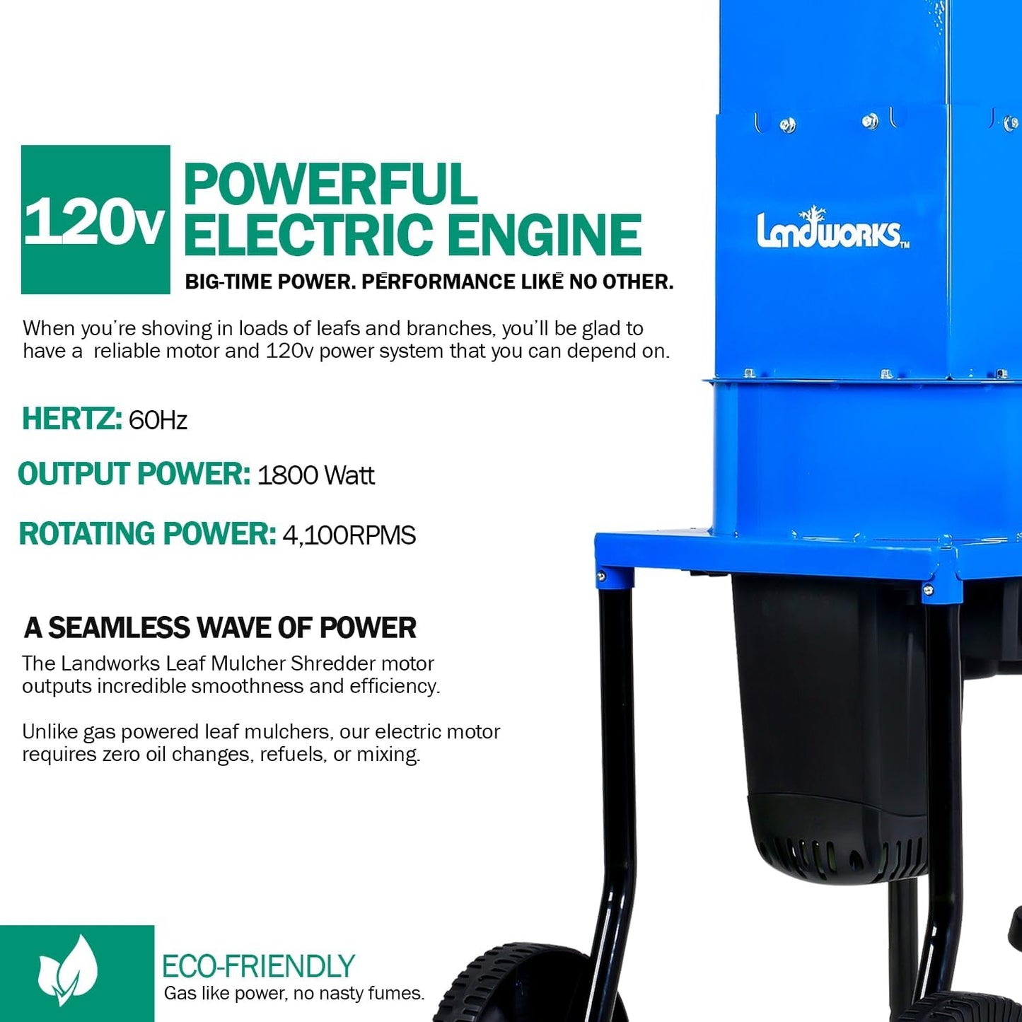 Landworks Electric Leaf Mulcher & Shredder - 15-AMP, 1800W, Steel Construction, 11" Blades, 0.5" Cutting Capacity, 120V AC for Dry Leaves, Grass, & Yard Clippings