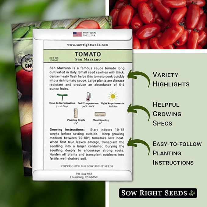 Sow Right Seeds - San Marzano Tomato Seeds for Planting - Non-GMO Heirloom Packet with Instructions to Plant a Home Vegetable Garden - Italian Classic Red Variety - Great for Sauce and Canning (3)