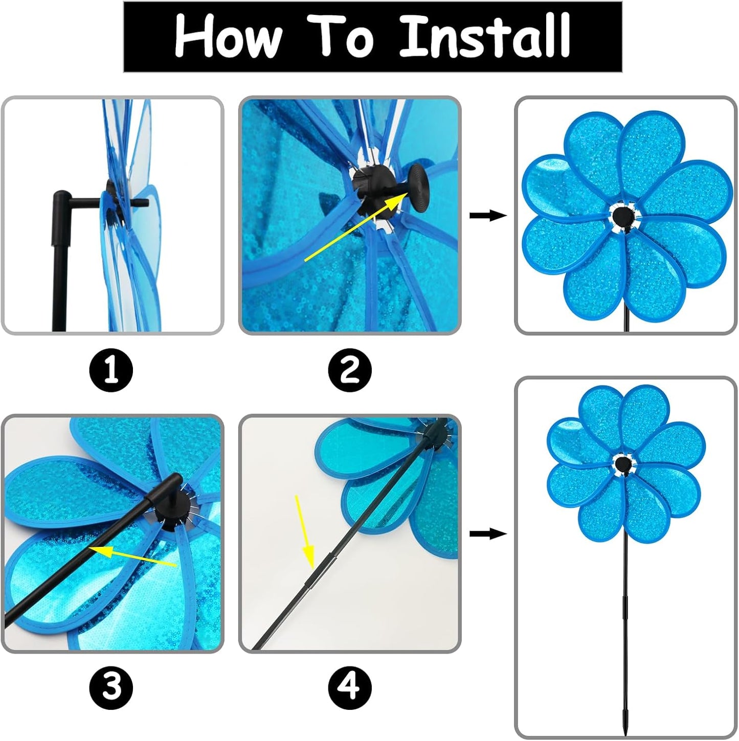 4PCS Flower Wind Spinner Sparkly Lawn Pinwheel 11.8 inch Blue Garden Windmill for Garden, Party, Outdoor, Yard Decor