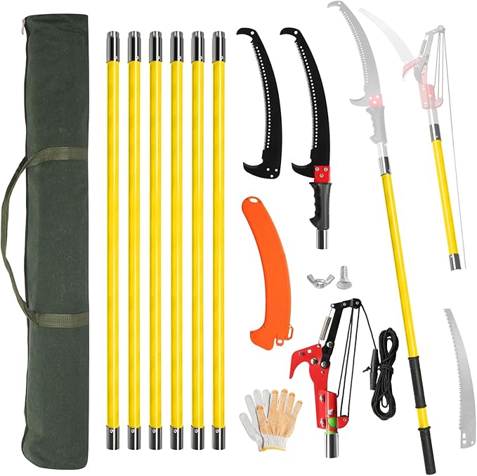 Outvita Manual Pole Saw, 26 Feet Extendable Tree Pruner with Knives and Storage Pocket, Sharp Steel Blade and Scissors High Branches Trimming for Pruning Palms and Shrubs(Yellow)