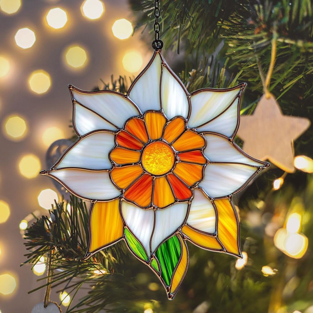 Narcissus Mosaic Style Acrylic Suncatcher Stained Glass Effect Window Car Hanging Christmas Ornament Indoor Outdoor Decor Garden Sun Catcher Panel for Floral Lover for Women Mom Grandma