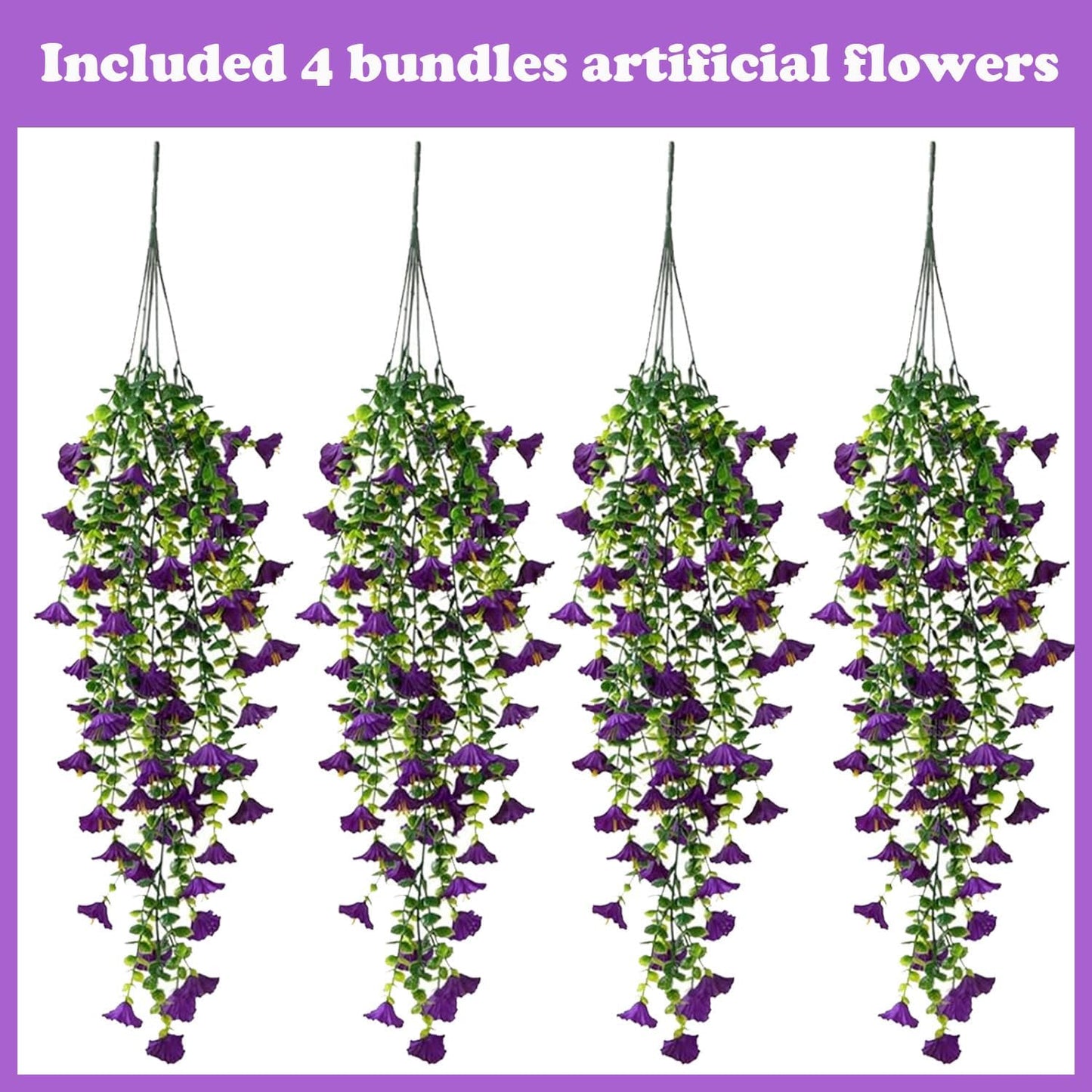 Artificial Hanging Flowers – 4 Pack UV Resistant Fake Morning Glory Vine Faux Plants for Porch, Patio, Balcony, Garden, Indoor & Outdoor Decor (Purple)