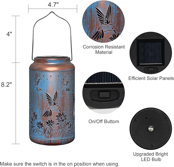 pearlstar Hummingbird Lantern Solar Hanging Lights Outdoor Decorative Solar Lantern Waterproof for Table Patio Yard Garden Lawn Landscape Lighting, Gardening Gifts for Women Men,Hummingbird-Blue
