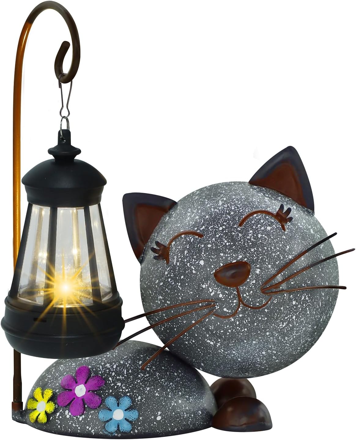 Glintoper Solar Garden Statue Cat Figurine with Lantern, Outdoor Metal Kitten Whimsical Lawn Porch Yard Art, Mothers Day Ideal Gifts, Lighted Ornaments for Patio Pathway Yard Decoration