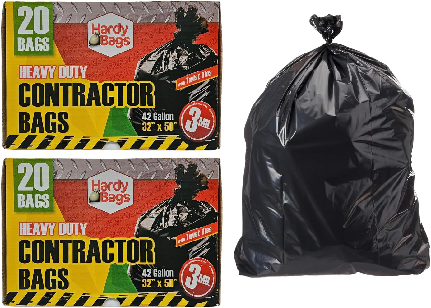 Hardy Bags Contractor Trash Bags β 42 Gallon Heavy-Duty, 3 Mil Thick, 20 Count Box, Extra Strong Construction, Tear & Puncture Resistant (Contractor, Pack of 2)
