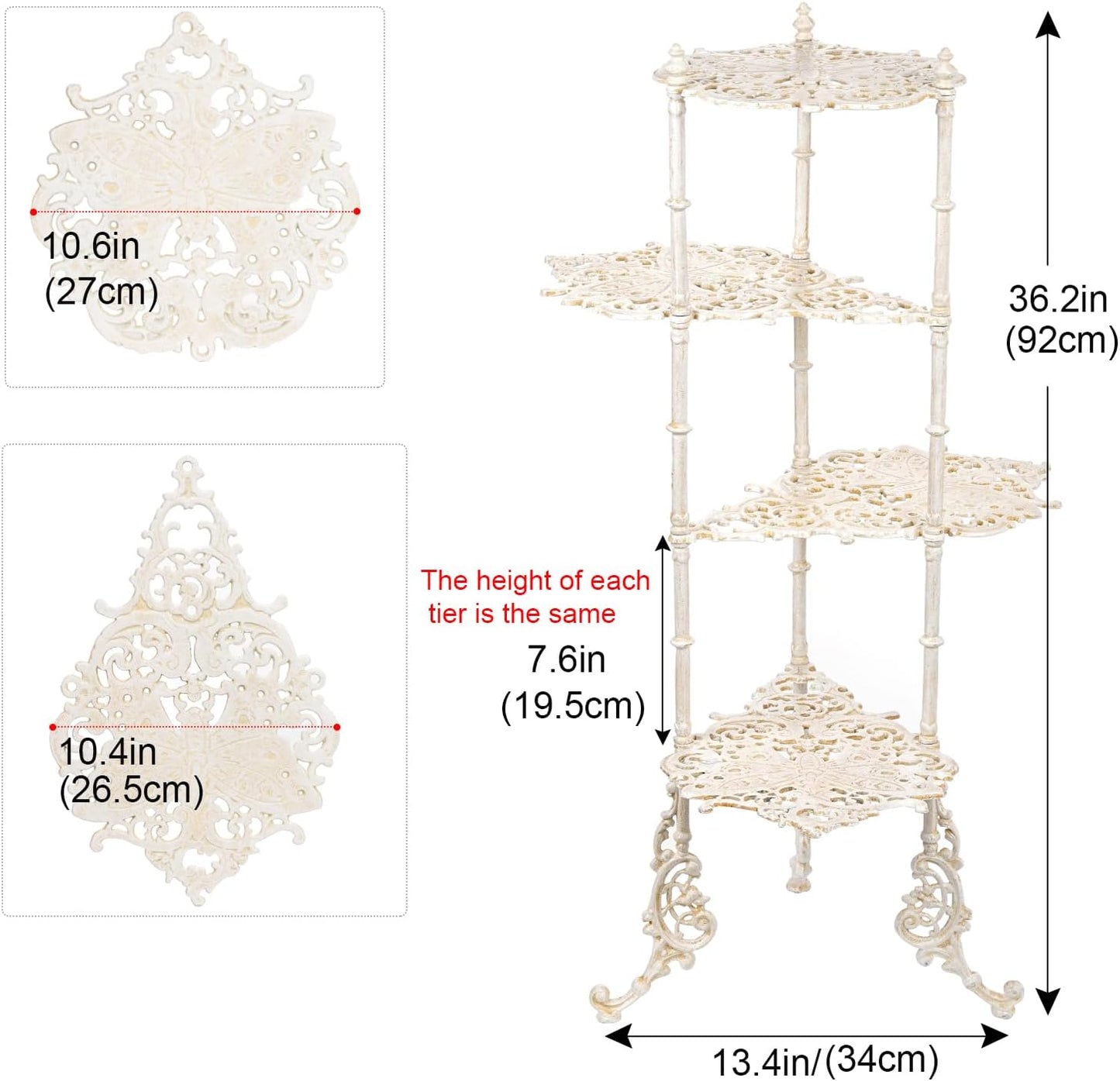 Sungmor Vintage Cast Iron 4-Tier Plant Stand, Elegant Butterfly & Floral Design with Antique White Finish, 36 Inch Tall Rustic Flower Pot Holder, Heavy Duty Metal Display Shelf for Indoor and Outdoor
