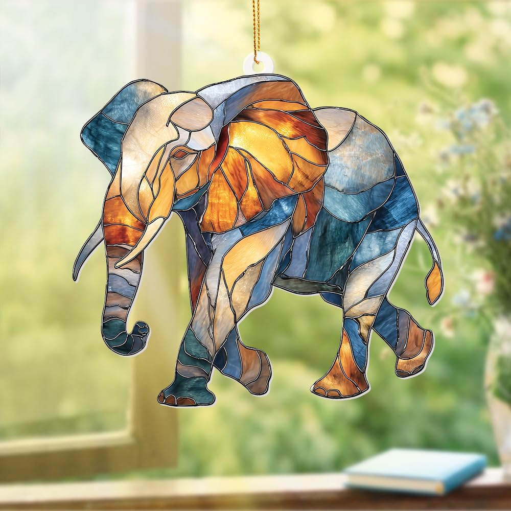 Elephant Ornament Stained Glass Style Acrylic – Window Hanging Suncatcher, Elephant Gifts for Women, Wildlife Animal Decor, Rearview Mirror Ornament, Holiday Christmas Tree Decorations(Sun-27)