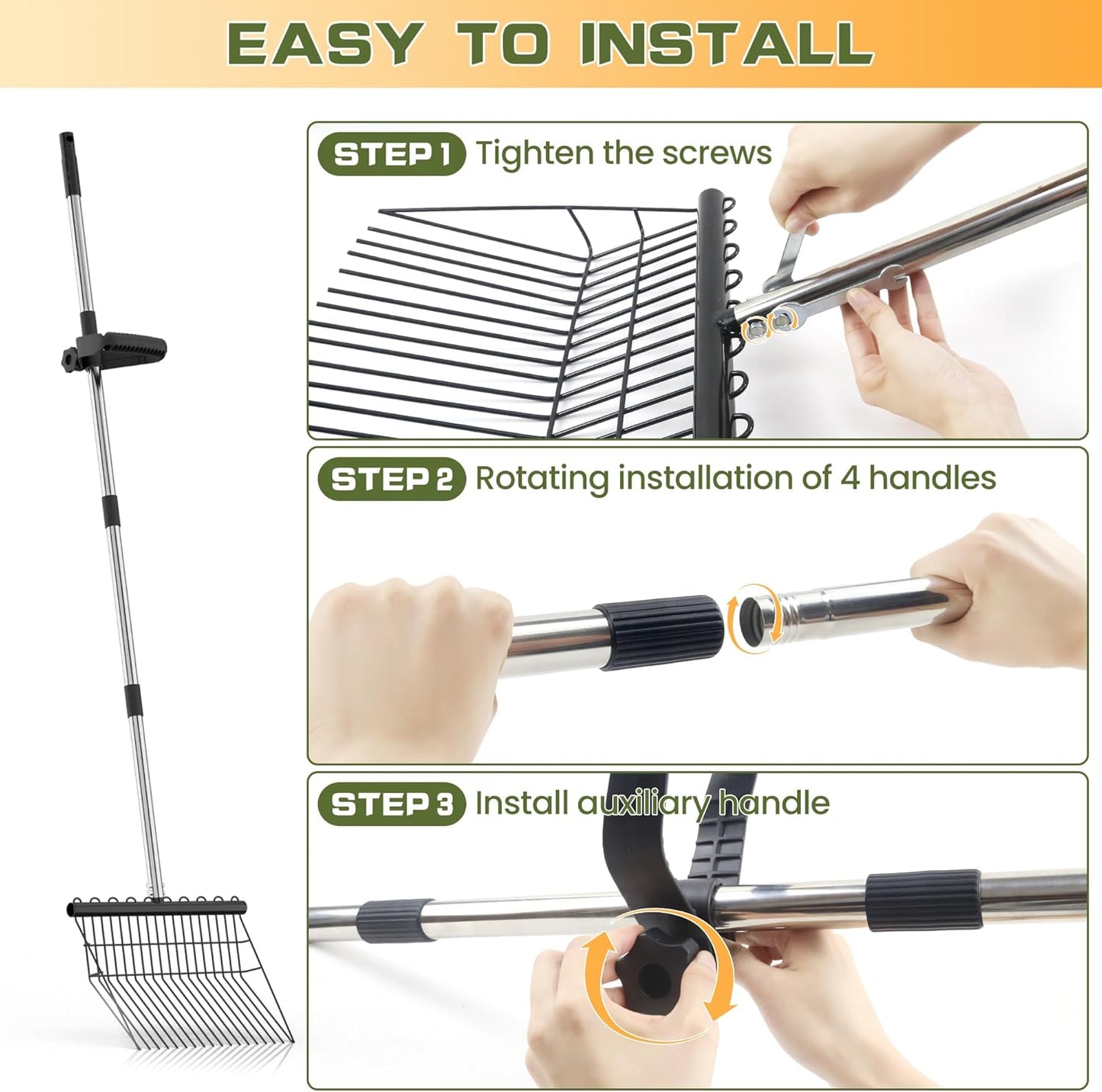 Manure Fork - Metal Horse Manure Rake with 2 Durafork Replacement Heads and 1 Steel Handle, Rustproof Heavy Duty Hay Pitch Fork for Horse Stall Poop