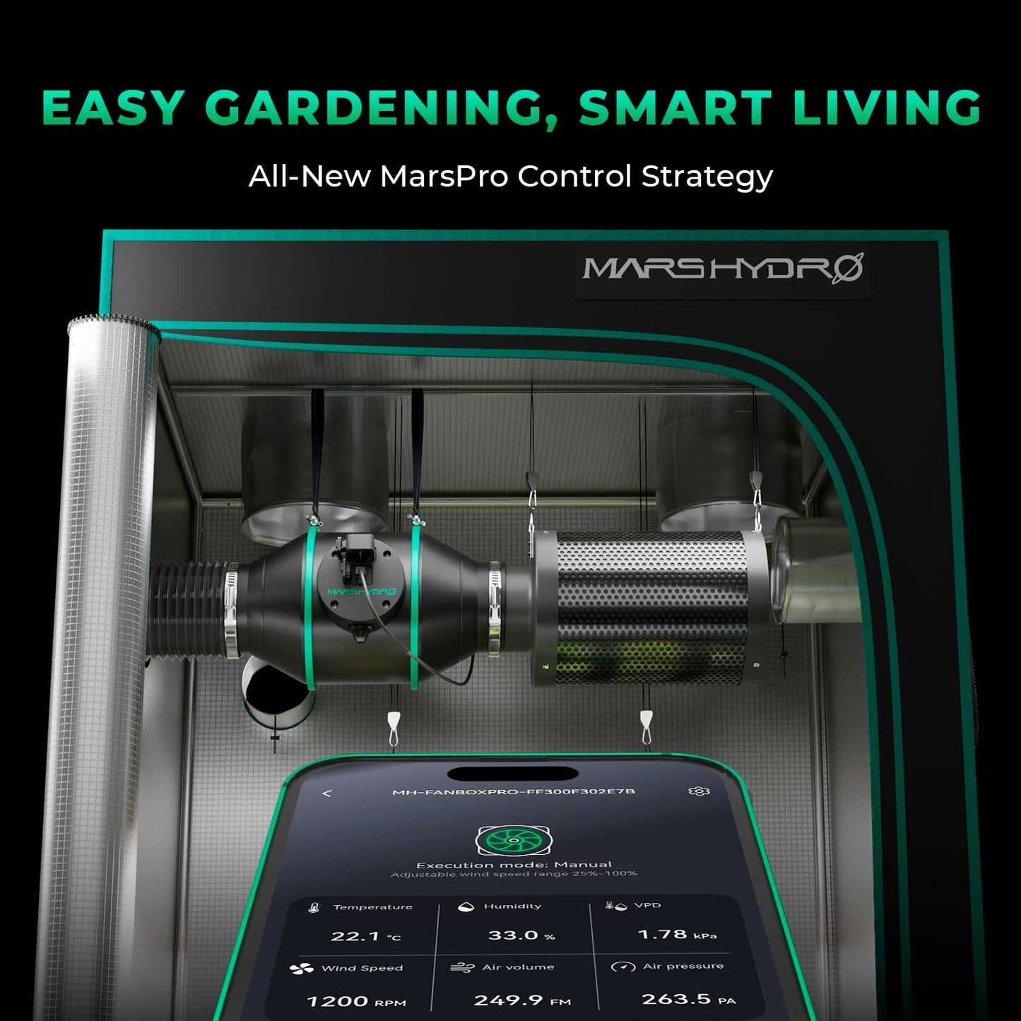 Mars Hdyro iFresh 4 Inch Smart Inline Duct Fan with Variable Speed Controller, 205 CFM App Control Ventilation Exhaust Fan for Grow Tents, Hydroponics