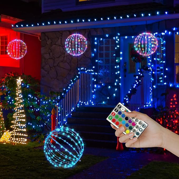 Christmas Ball Sphere 16IN 128LED Hanging Tree Light and Pathway Lights - Foldable Metal Frame, White, RGB