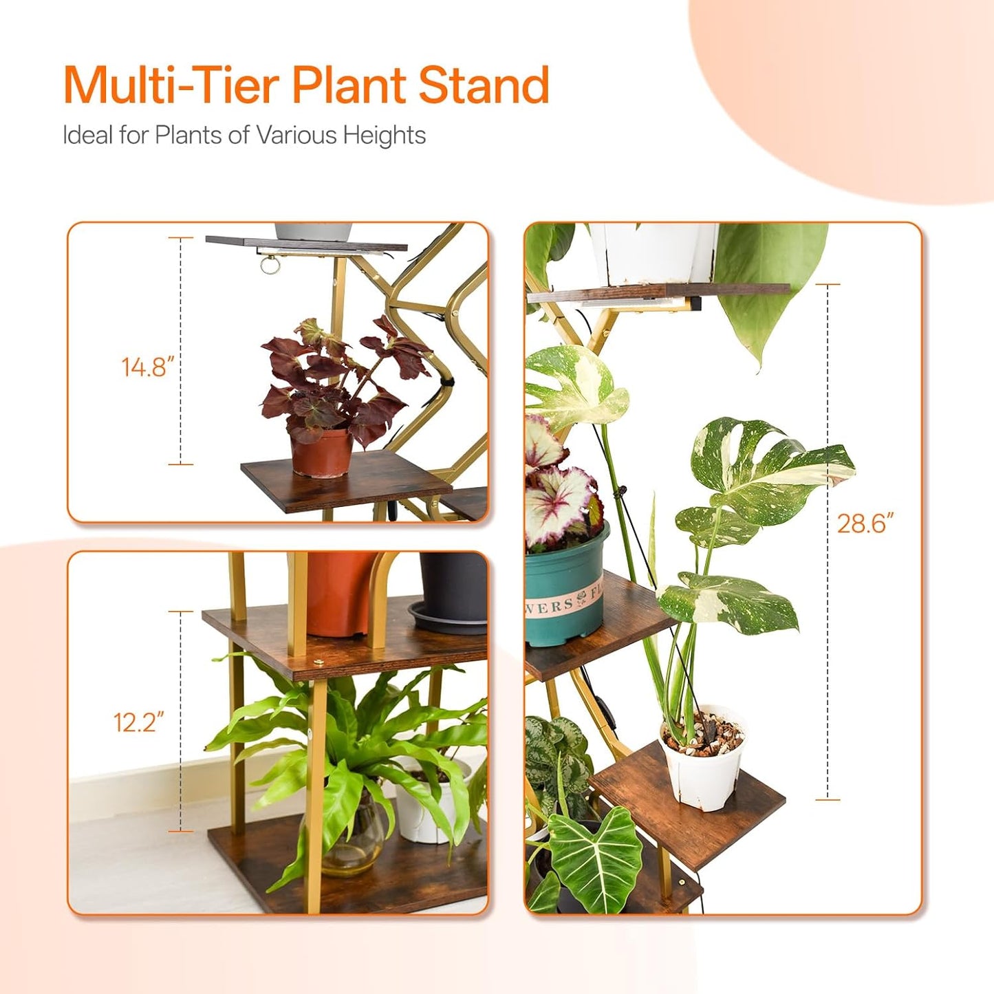 Bstrip 63 Inch Plant Stand with Grow Light, 7-Tier Indoor Plant Shelf with Hanging Hooks, Decor Corner Plant Stand for Living Room & Patio, Gold