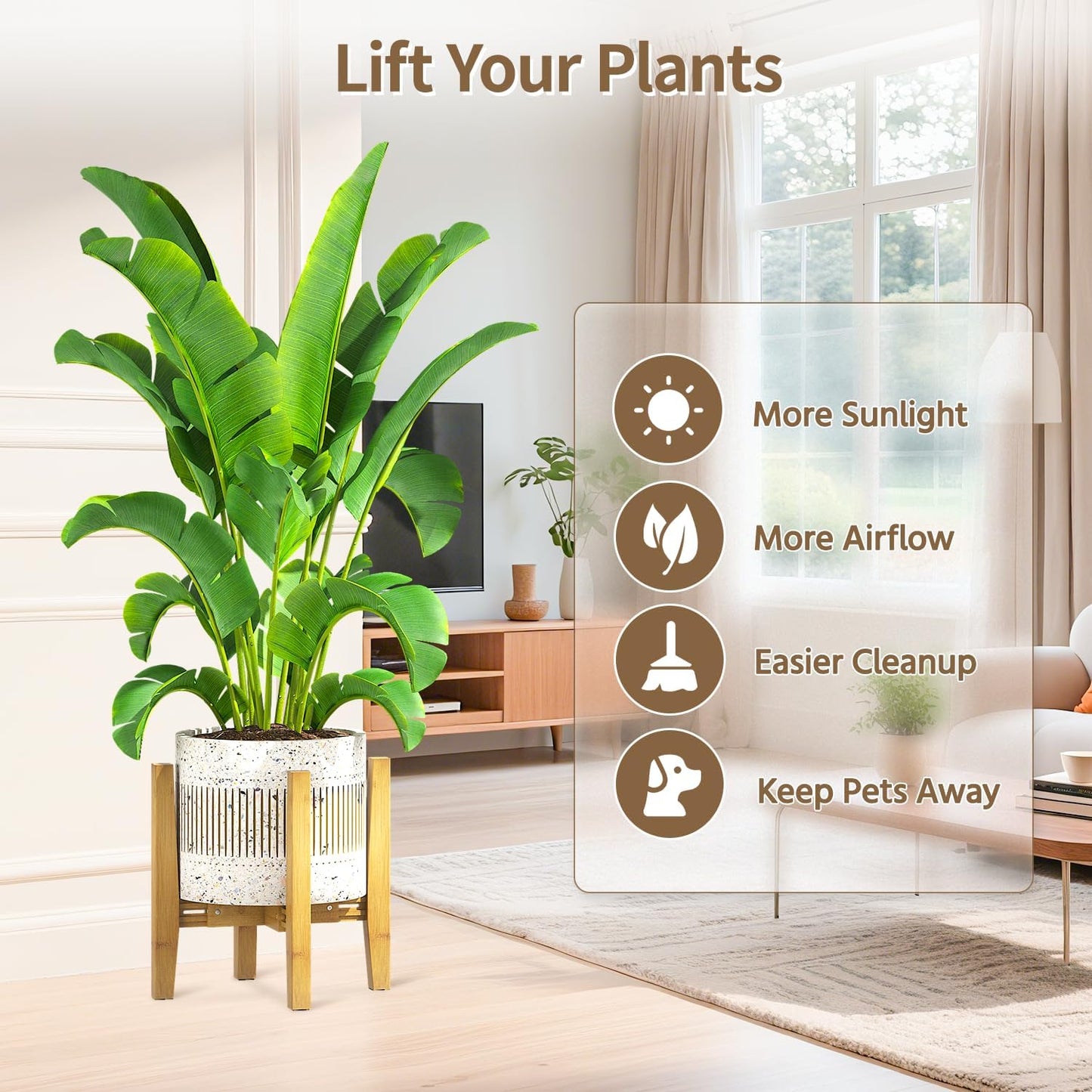 LASZOLA Bamboo Adjustable Plant Stand for Single Large Indoor Planters, Heavy Duty Floor Fern Holder Fits 8 to 12 Inch Pots, Mid Century Elevated Big Stool for Flower– Pot Not Included, Walnut, 1 Pack