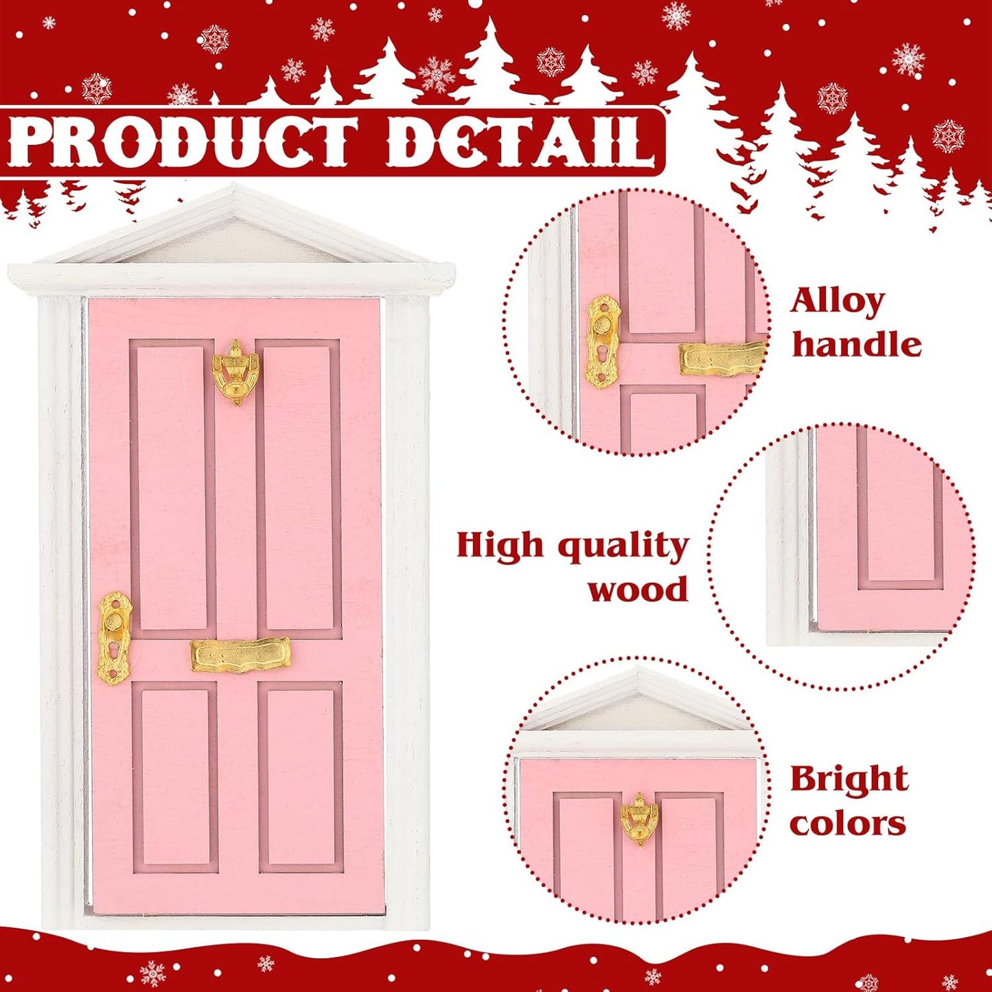 Shappy 39 Pcs Christmas Fairy Door Kit Wooden Elf Fairy Doors Decorations with Accessories Mini Door Tiny Miniature for Christmas Tale DIY Craft Garden Home Party Decoration (Pink)