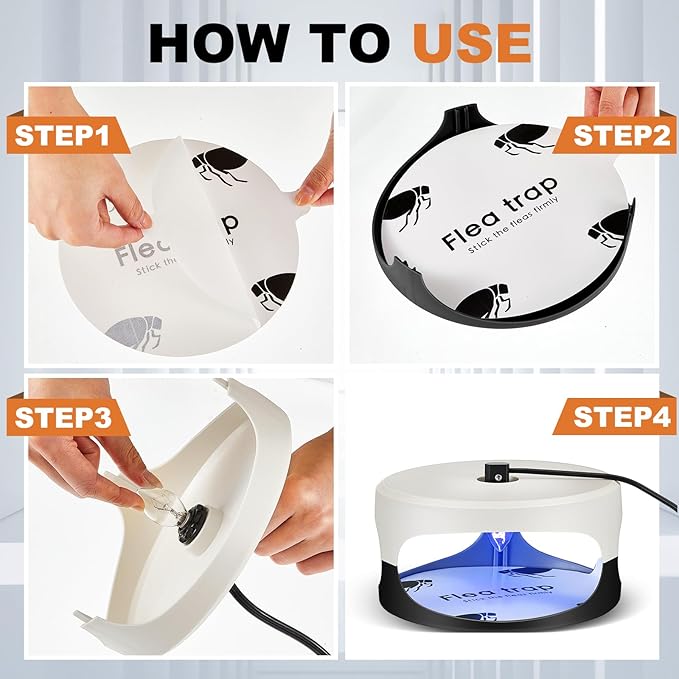 Qualirey 4 Packs Flea Traps for Inside Your Home with 8 Sticky Disc 12 Bulbs 4 Electric Wires, Pest Insects Killer Bed Bug with Light for Indoor Safe to Pets(Round Flea Trap,Black, White)