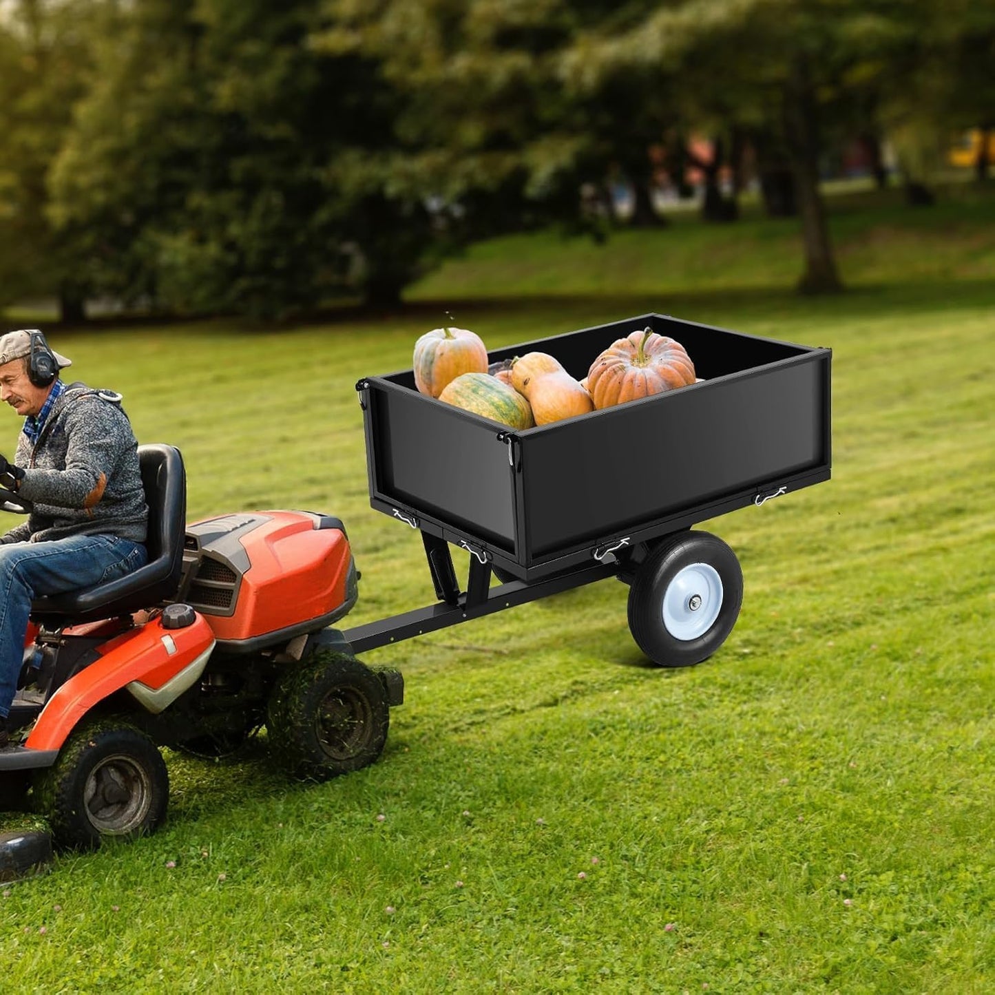 Heavy Duty Steel Dump Trailer, 500 LBS/11.4 Cu.Ft Capacity Garden Dump Cart for Lawn Mower, Utility Trailer with Removeable Rear Panel, Designed for Tractor, ATV, UTV, Black