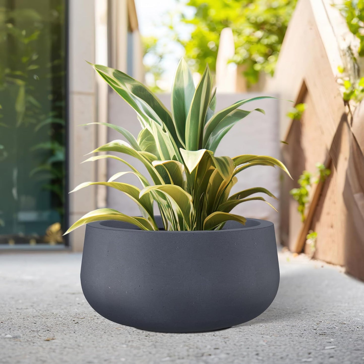 Kante 15.7" Dia Round Concrete Planter, Cement Plant Pots with Drainage Hole and Rubber Plug for Outdoor Indoor Garden Home, Modern Curvaceous Design, Dark Gray