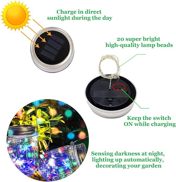 Hanging Solar Mason Jar Lights,ZQX 2 Pack 20 Led String Hanging Mason Jar Lanterns for Outdoor,Great Decor Light for Outside Patio Garden Yard Fence Wedding Table,Hangers and Jars Included(Multicolor)