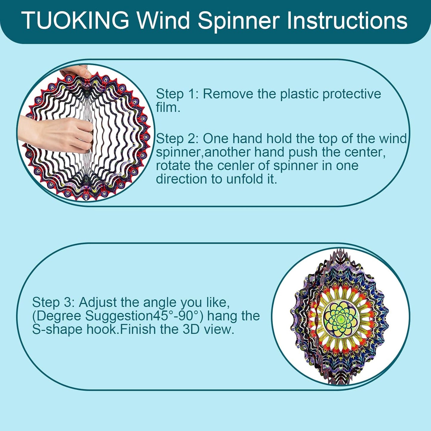 TUOKING Wind Spinners Outdoor Peacock Feathers 3D Metal Hanging Art Wind Sculptures 12 Inch Stainless Steel for Yard and Garden Decoration Worth Gift for Women