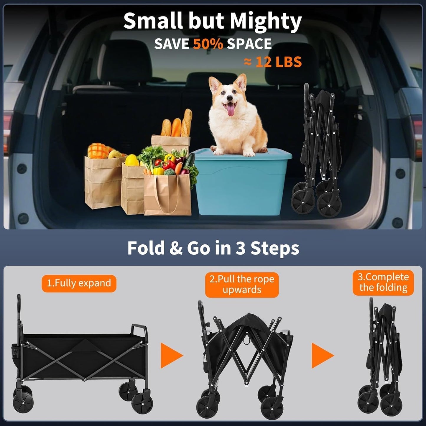 Collapsible Wagon Cart 380Lbs Capacity, Foldable Utility Portable Beach Wagon with All-Terrain Wheels, Adjustable Handle & Drink Holders, Carts with Wheels for Grocery, Camping, Shopping, Garden Cart