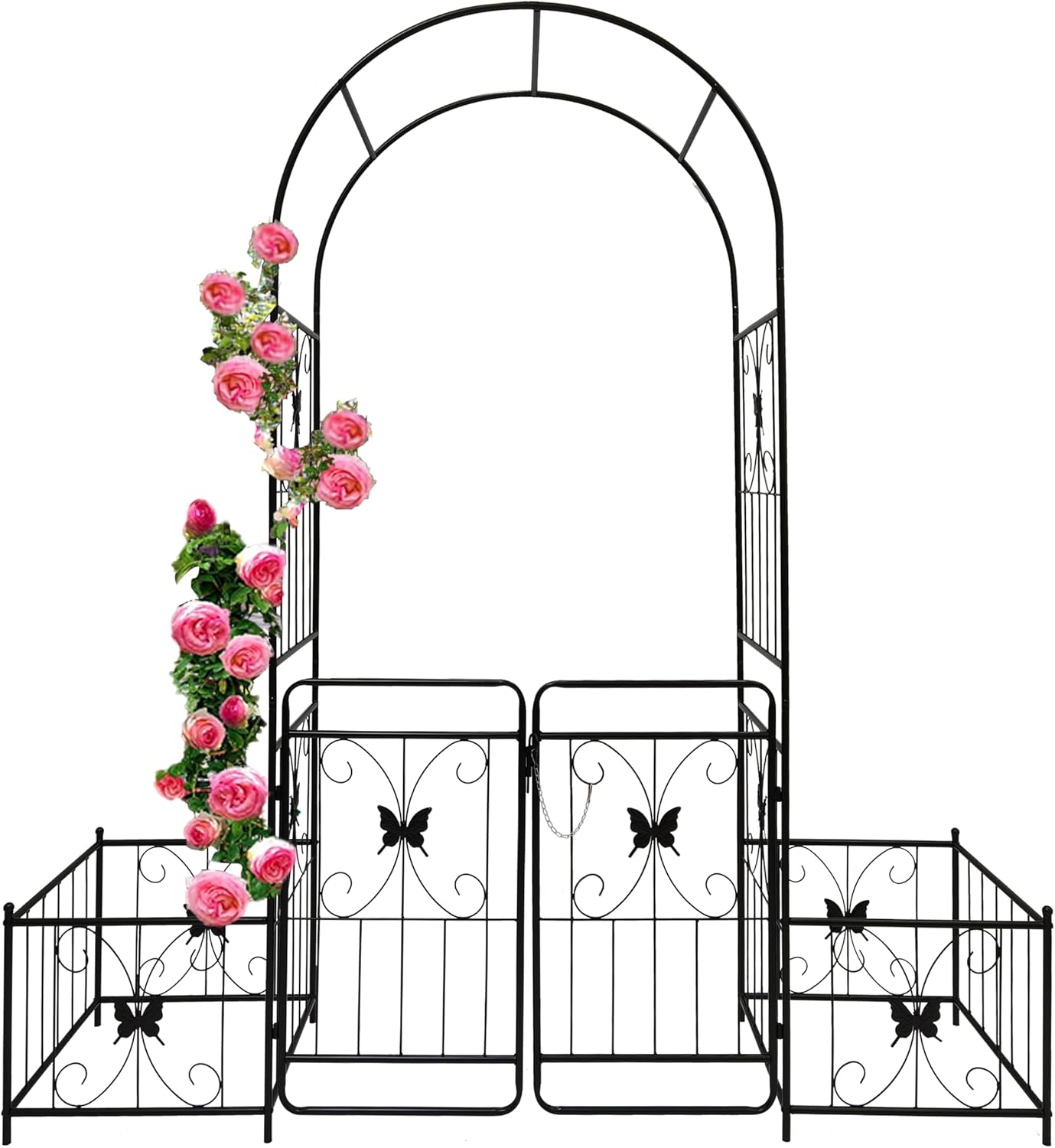 Metal Garden Arbor Arch with Gate and Plant Box, 86.6" H Garden Trellis for Outdoor Climbing Plants Garden Butterfly Decoration Support Roses Vines (Black Butterfly)