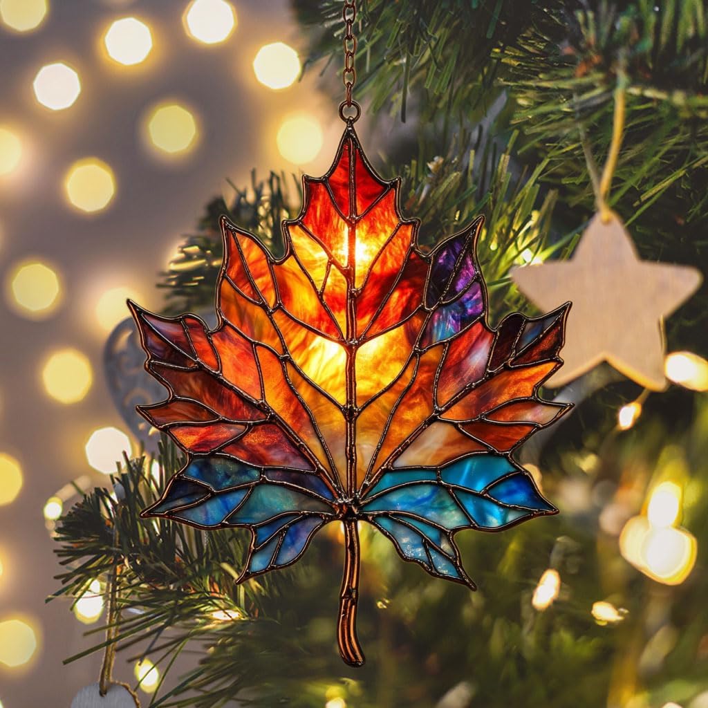 Maple Leaf in Autumn Acrylic Suncatcher Stained Glass Effect Window Car Hanging Christmas Ornament Indoor Outdoor Decor Garden Sun Catcher Panel for Maple Leaf Lover for Women Mom Grandma
