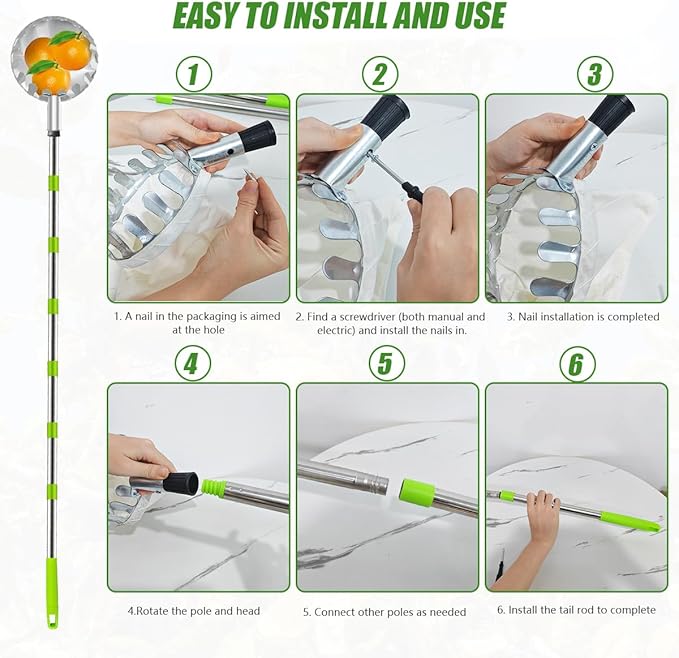 Fruit Picker and Gardening Harvest Storage Apron Set - 2.8m/9.2ft Fruit Picker Tool with Telescopic Handle, Stainless Steel Connecting Pole and Drawstring Storage Bag, Picker for Apple Lemon Cherry