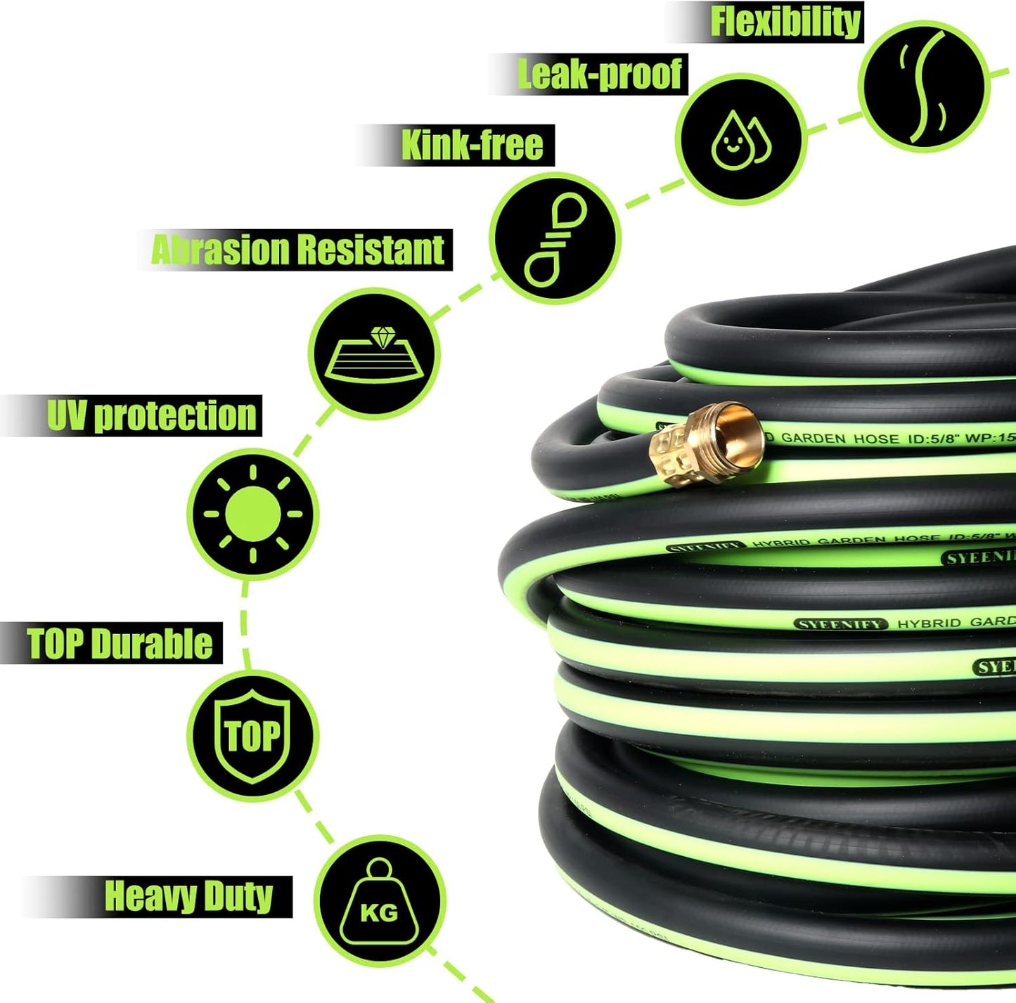 SYEENIFY Garden Hose 75ft 5/8", Heavy Duty No Kink Water Hose, No Tangle Flex Rubber Garden Hose for Lawns,Floor,Yard Washing,Pet Cleaning