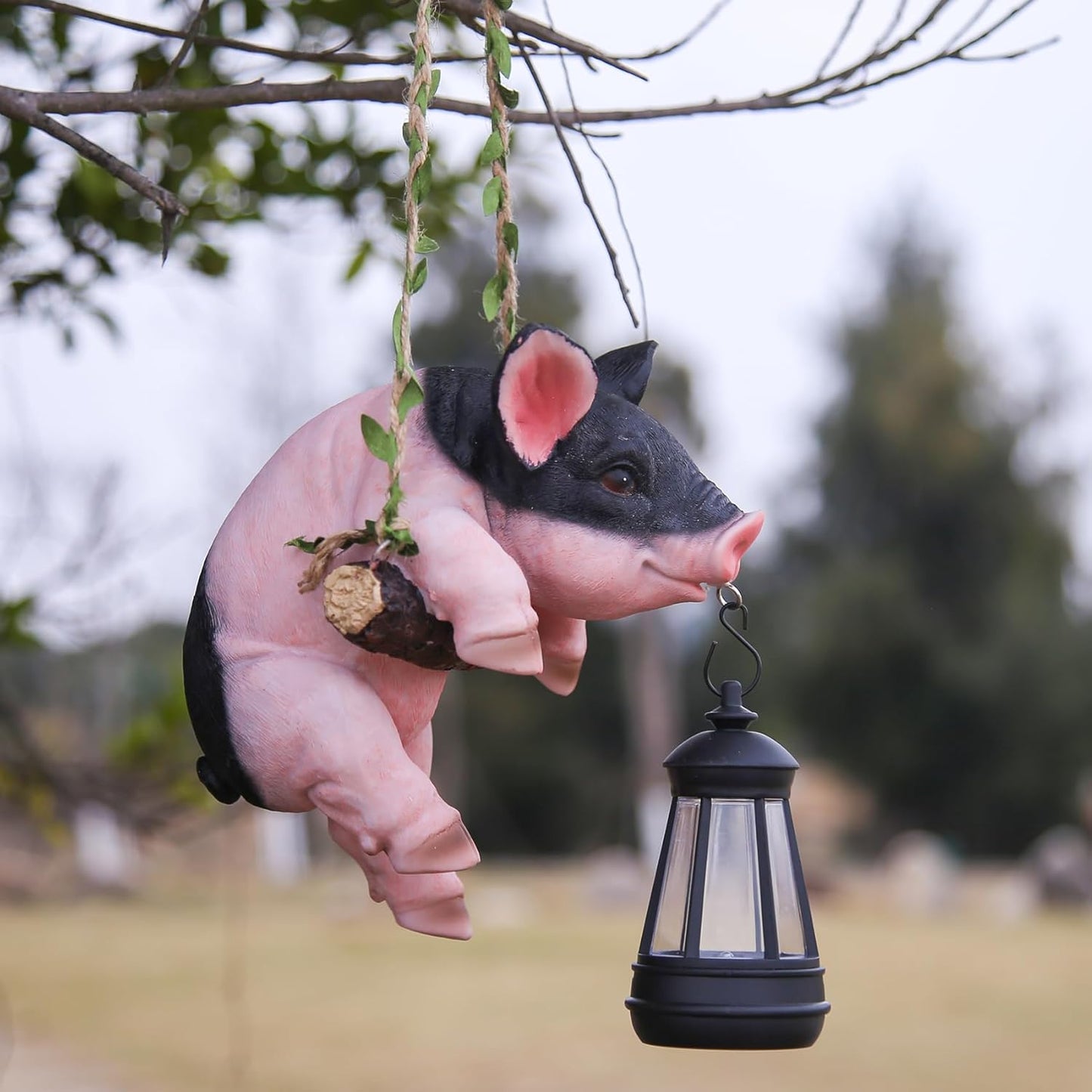 Hanging Pig Garden Lantern, Solar Light Holder, Outdoor Decorative Animal Statue with Rope