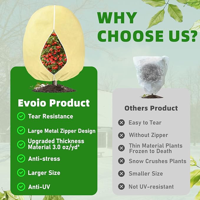 Evoio Plant Covers Freeze Protection 8 x 10 FT 3 oz/yd² Winter Frost Blankets Cloths Fabric Bags with Zipper for Outdoor Plants Tree Shrub Garden Potted Freeze Frost Winterizing Protection (2 Pack)