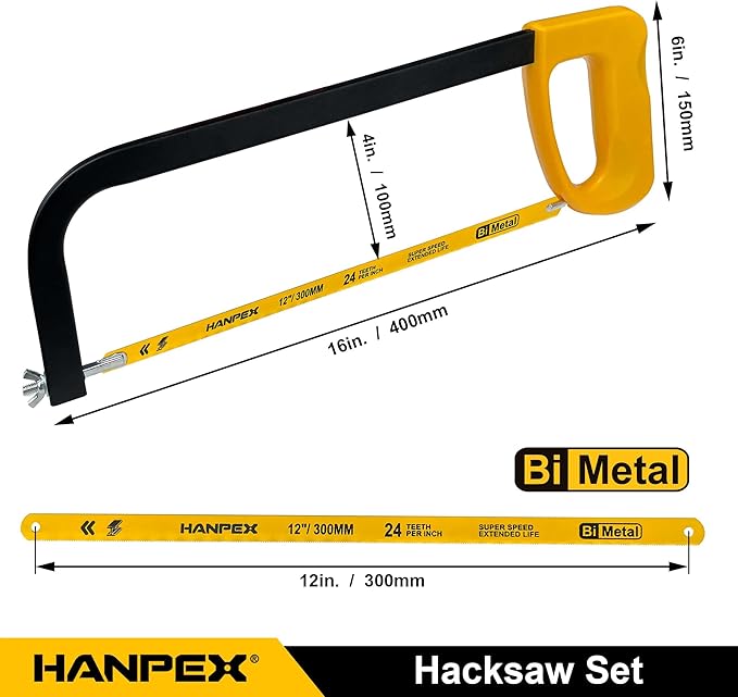 12in. High-Tension Hacksaw Frame with 5pcs Extra Bi-metal Blades, Hand Saw Suitable for Metal, wood, PVC, Carpentry