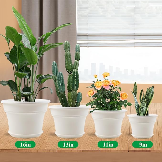 9 Inch Plastic-Flower Pot-for-Indoor Plants, 4 Pack Large Outdoor Planter Pot with Drainage Holes & Saucers, Resin Decorative Garden Pots Planters