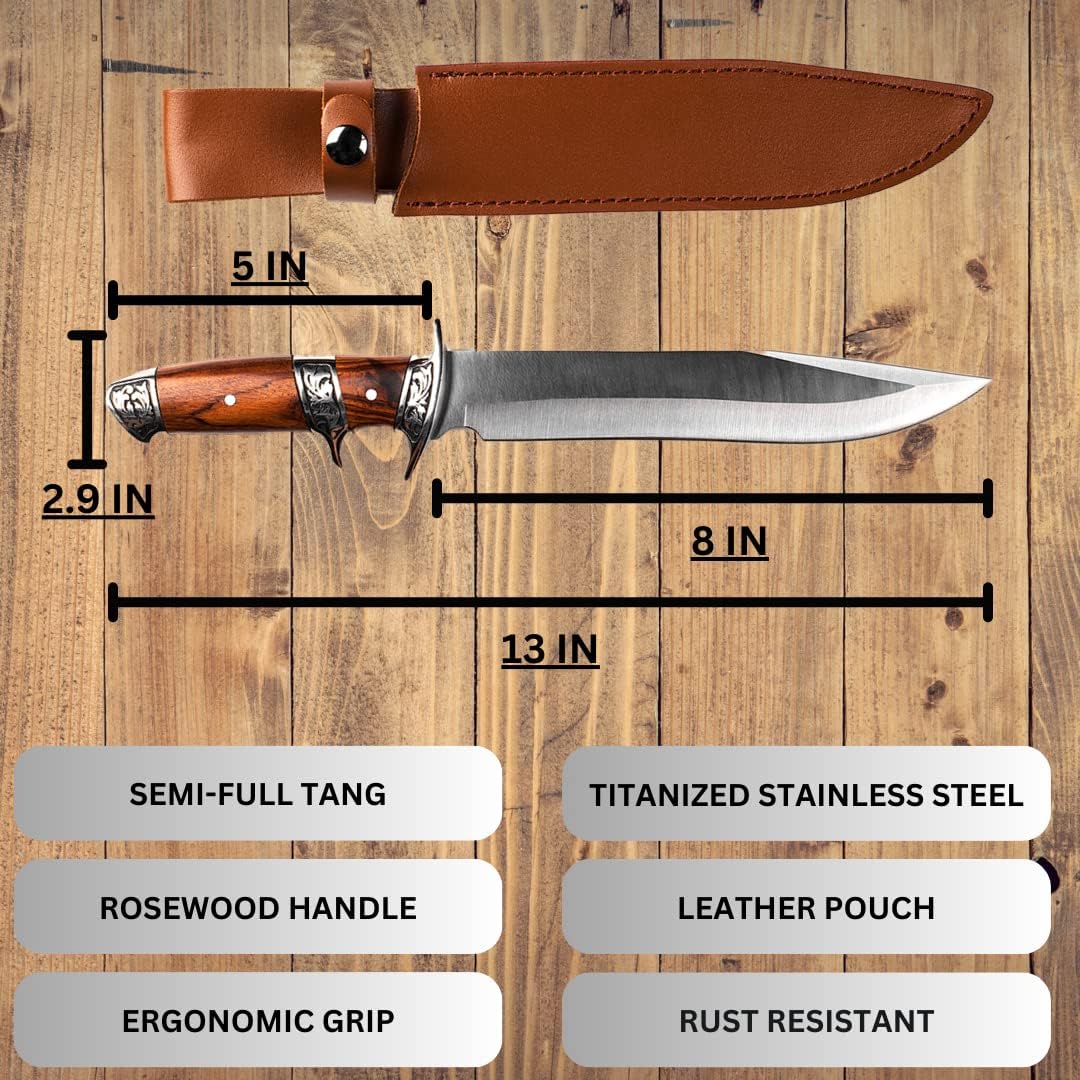 Wild Wolf X42 Survival Camping Fishing Fixed Semi-Full Tang Blade Hunting Knife with Rosewood Handle and Leather Sheath