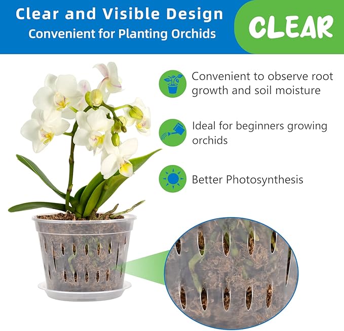 JGB 9 Pack 7 Inches Orchid Pots for Repotting, Clear Orchid Pot with Holes and Saucers, Breathable Slotted Orchid Planters, Plastic Flower Plant Pots Indoor and Outdoor