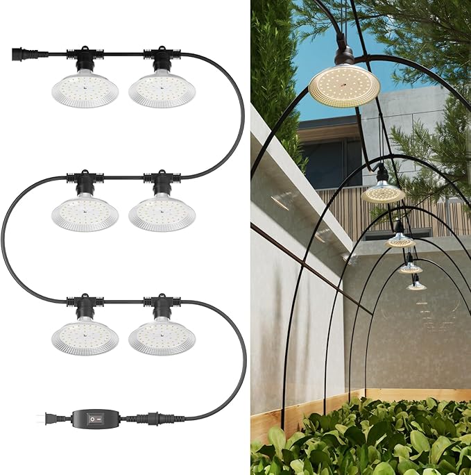6-Light Outdoor LED Grow Lights – Waterproof Full Spectrum Greenhouse Lights for Plants, 21.3FT Adjustable String Lights with 288 LEDs E26 Base Bulbs, IP44 Waterproof for Garden, Farm, Yard