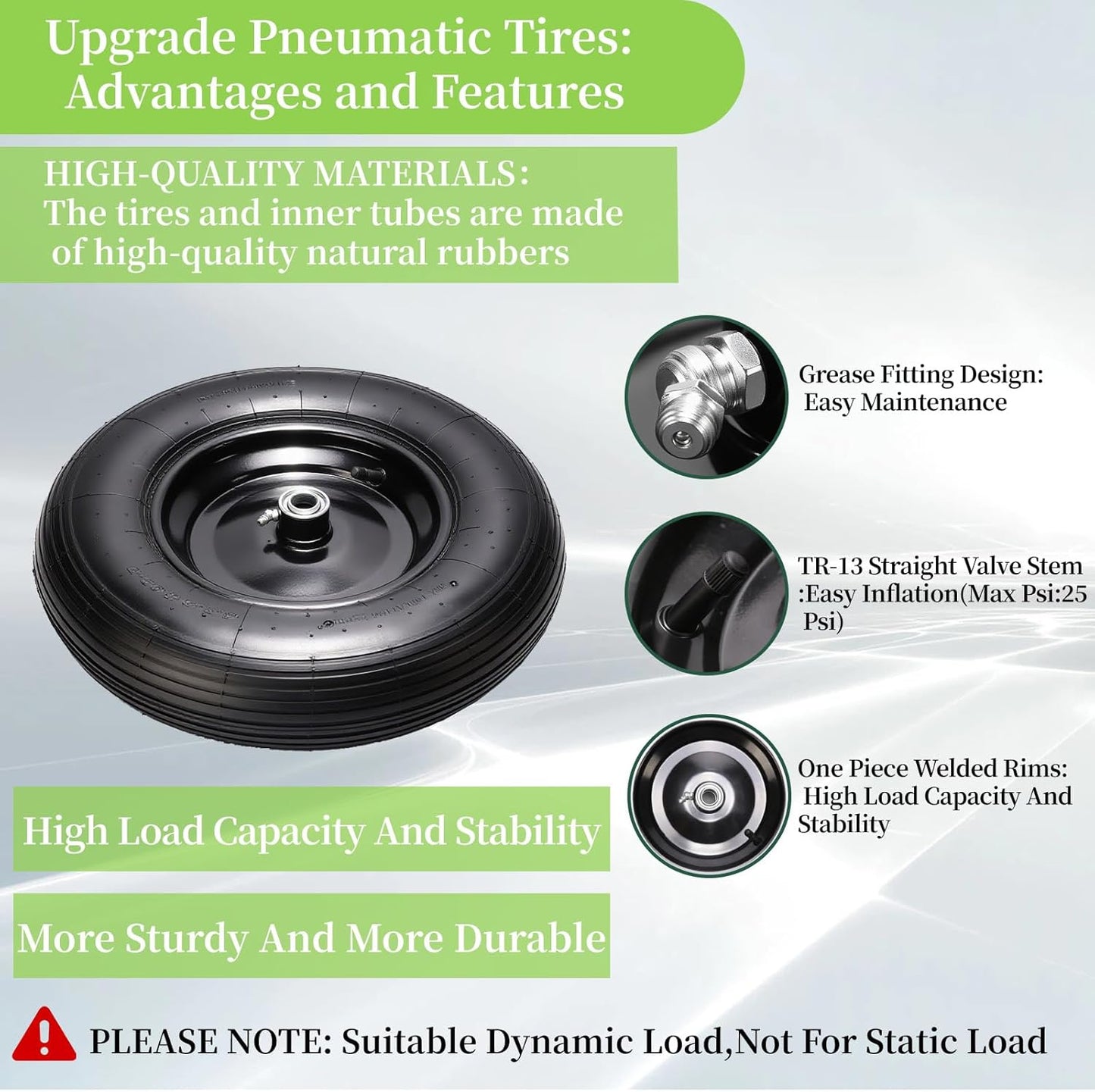 RRQ (2 Pack) 4.80/4.00-8 Tire and Wheel, 16" Pneumatic Wheelbarrow Tires with 3" Centered Hub and 3/4" Bearings (Comes with 5/8" ID Iron Tube Adapter), for Wheelbarrow, Garden Cart, Trailer and More