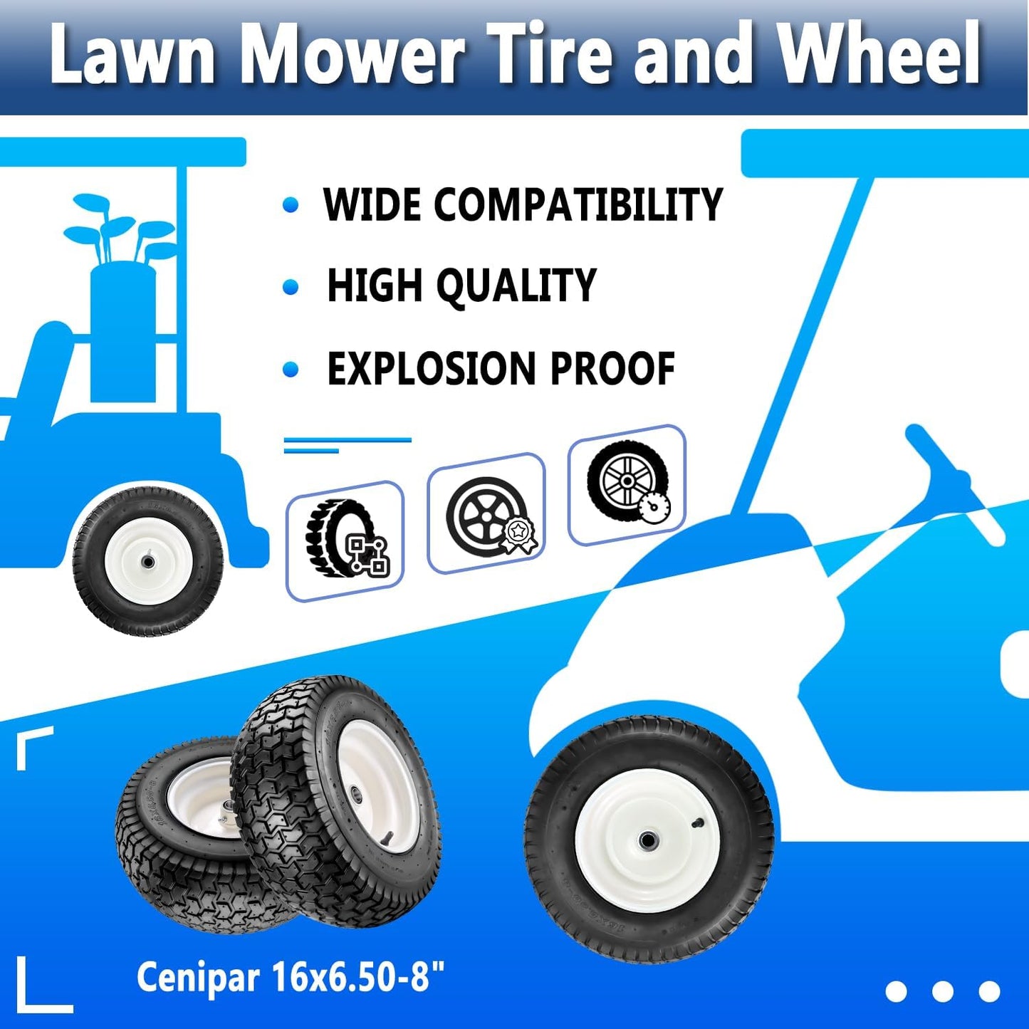 Cenipar 16x6.50-8" Lawn Mower Tire and Wheel with 3/4" Iron Bushing, 3" Offset Hub 4 Ply Heavy Duty Replacement for Craftsman Mower, Garden Lawn Tractors (2-Pack)