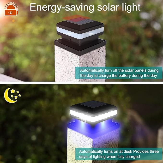 Sumaote Solar Post Lights 160LM 52 LED - 6x6 Posts Solar Light Outdoor Fence Deck Post Cap Lights fit 4x4 5x5 6x6 Wood Posts, IP65 Waterproof for Garden Porch Patio, 6000K White Lighting, 2 Pack