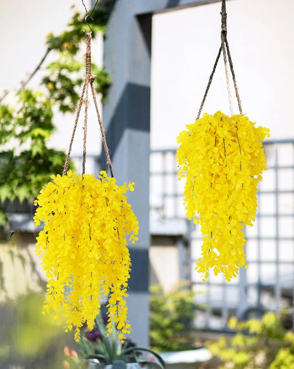 RECUTMS 4 Pack Artificial Hanging Plants Fake Eucalyptus Leaf Greenery Vine Plant UV Resistant Plastic Wall Decor for Ivy Patio Office Shelf Wedding (Pure Yellow)