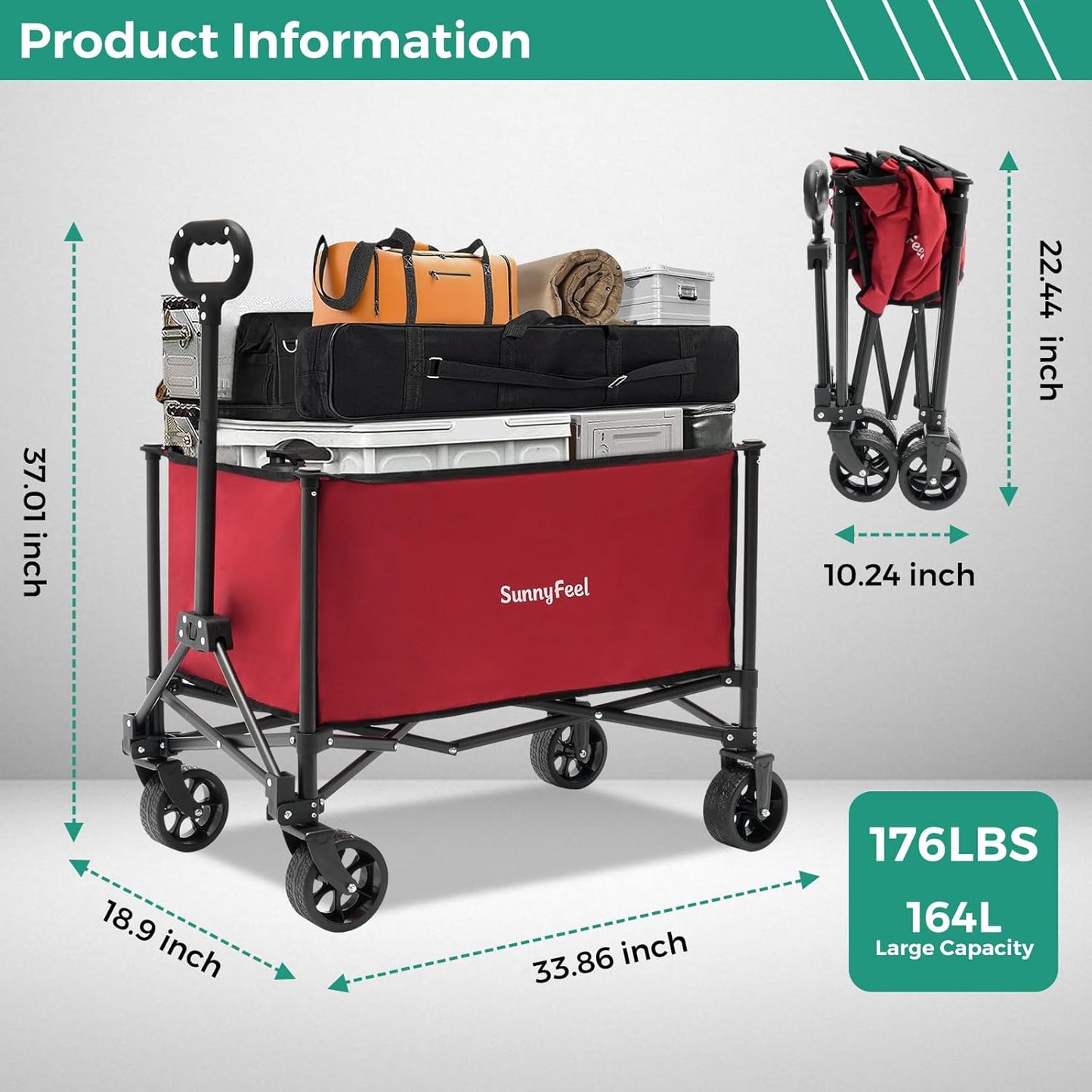 SUNNYFEEL Collapsible Wagon Cart with Wheels Foldable - 176lbs Standard Borderless Version Wagon Carts for Grocery Sports Garden Shopping Camping(Red, 164L)